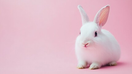 Obraz premium Photo of a little bunny, on a soft pink background Easter theme