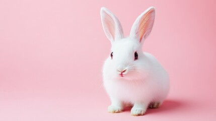 Fototapeta premium Photo of a little bunny, on a soft pink background Easter theme