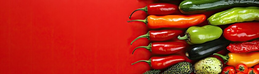 Colorful peppers and vegetables on red.  Food photography, recipe blog