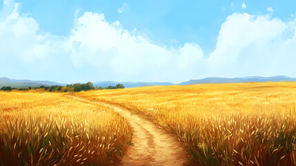 A narrow dirt path winding through vast golden wheat fields under a blue sky.