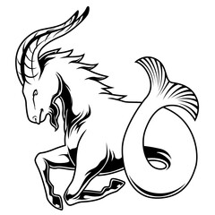 Schwarz-weiße Darstellung eines Capricorn-Fabelwesens mit Ziegenkopf und Fischschwanz. Ideal für Astrologie, Sternzeichen, Mythologie, Ausmalbilder und Fantasy-Motive.