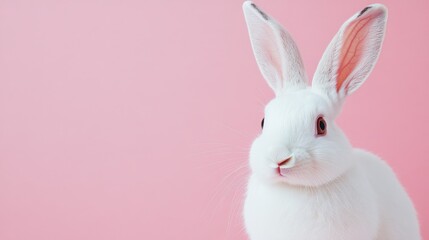 Obraz premium Photo of a little bunny, on a soft pink background Easter theme