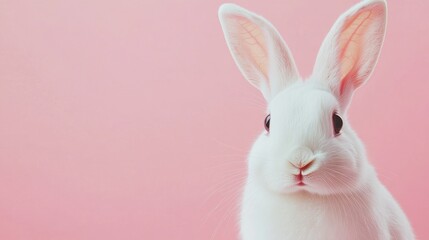 Photo of a little bunny, on a soft pink background Easter theme