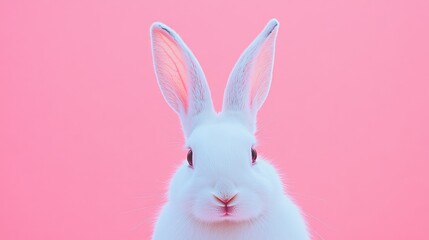 Obraz premium Photo of a little bunny, on a soft pink background Easter theme