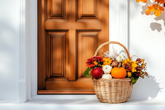 Basket filled with vibrant autumn fruits and flowers positioned at inviting wooden front door. Warm colors of fall in a residential setting. Concept of seasonal decor, home warmth, outdoor living