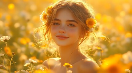 Fototapeta premium Person with Wavy Hair Adorned with Flowers Standing in a Sunlit Field of Yellow and White Blooms