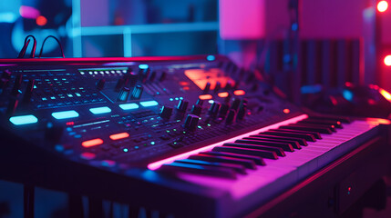 A neon-lit AI drum machine creating rhythmic beats in a digital sound lab.