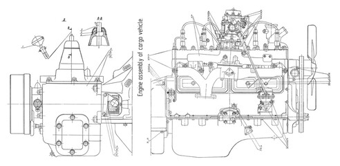 Engine assembly of cargo vehicle.
Engineering mechanical drawing of automotive
device. Industrial cad scheme on white paper sheet. 
Technology design of machine building industry. 
Machined template.