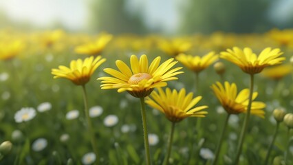 Buttercup-yellow daisies with misty diffusion, honey-toned highlights, blurred field effect for cheerful spring-themed patterns.