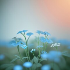 Obraz premium Powder-blue forget-me-nots with frosted glass effect, wispy motion blur, minimalist floral texture, cool-toned dreamy ambiance.