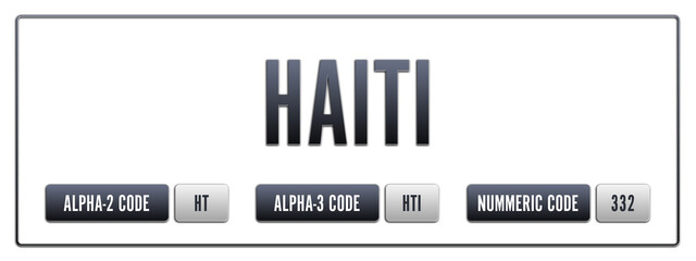 Haiti. Illustration with ISO 3166-1 Country Code.  ISO Alpha-2, Alpha-3 and Numeric code. Two three letters and numbers.
