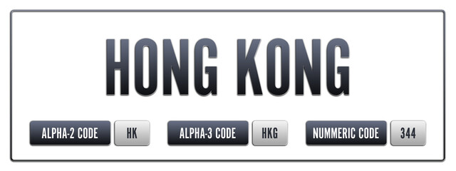 Hong Kong. Illustration with ISO 3166-1 Country Code.  ISO Alpha-2, Alpha-3 and Numeric code. Two three letters and numbers.