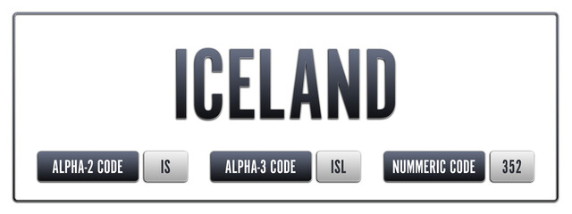 Iceland. Illustration with ISO 3166-1 Country Code.  ISO Alpha-2, Alpha-3 and Numeric code. Two three letters and numbers.
