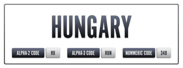 Hungary. Illustration with ISO 3166-1 Country Code.  ISO Alpha-2, Alpha-3 and Numeric code. Two three letters and numbers.