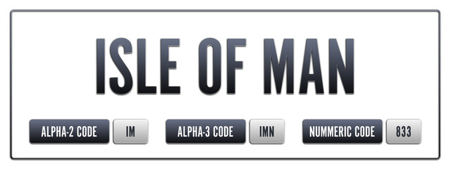 Isle of Man. Illustration with ISO 3166-1 Country Code.  ISO Alpha-2, Alpha-3 and Numeric code. Two three letters and numbers.