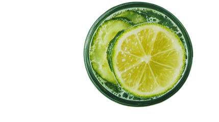 Refreshing Green Drink with Sliced Lemon and Cucumber in a Glass Top View for Health and Welln