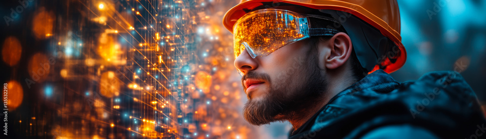 Poster structural engineer with hard hat using advanced software and modern technology on urban constructio