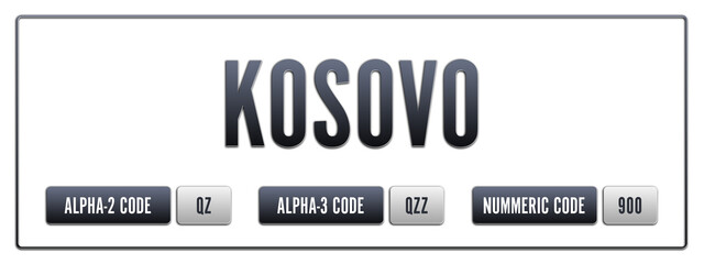 Kosovo. Illustration with ISO 3166-1 Country Code.  ISO Alpha-2, Alpha-3 and Numeric code. Two three letters and numbers.