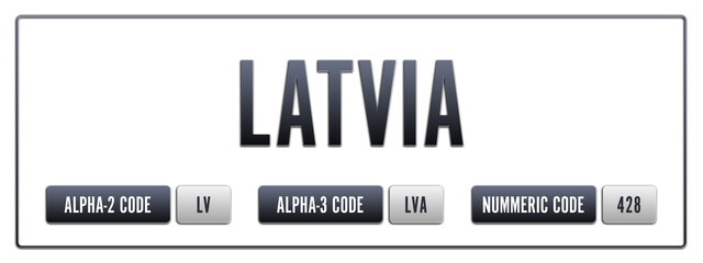 Latvia. Illustration with ISO 3166-1 Country Code.  ISO Alpha-2, Alpha-3 and Numeric code. Two three letters and numbers.