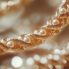 Close-Up of a Luxurious Gold Cord Featuring Elegant Pearls and Gems, Perfect for Fashion Accessories