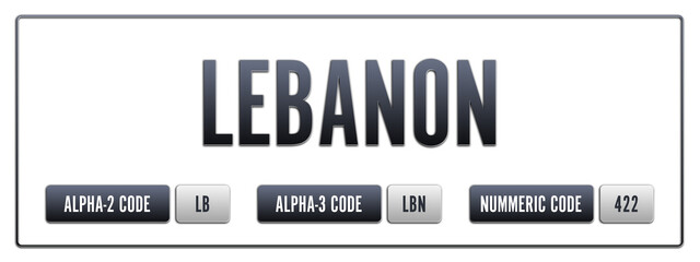 Lebanon. Illustration with ISO 3166-1 Country Code.  ISO Alpha-2, Alpha-3 and Numeric code. Two three letters and numbers.