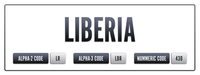 Liberia. Illustration with ISO 3166-1 Country Code.  ISO Alpha-2, Alpha-3 and Numeric code. Two three letters and numbers.