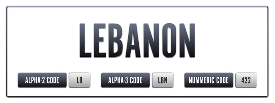 Lebanon. Illustration with ISO 3166-1 Country Code.  ISO Alpha-2, Alpha-3 and Numeric code. Two three letters and numbers.
