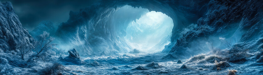 Fototapeta premium Enchanting Frozen Landscape with Mysterious Ice Cave Entrance and Ethereal Light