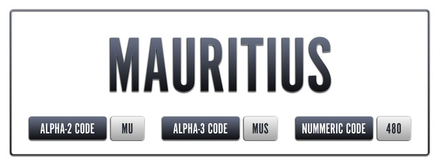 Mauritius. Illustration with ISO 3166-1 Country Code.  ISO Alpha-2, Alpha-3 and Numeric code. Two three letters and numbers.