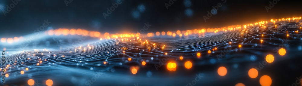 Poster abstract digital waveform with glowing network grid and connecting points illustrating neural circui
