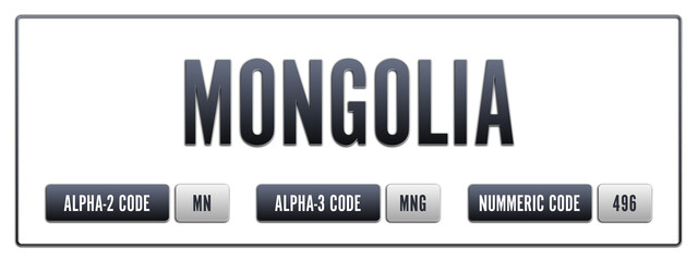 Mongolia. Illustration with ISO 3166-1 Country Code.  ISO Alpha-2, Alpha-3 and Numeric code. Two three letters and numbers.