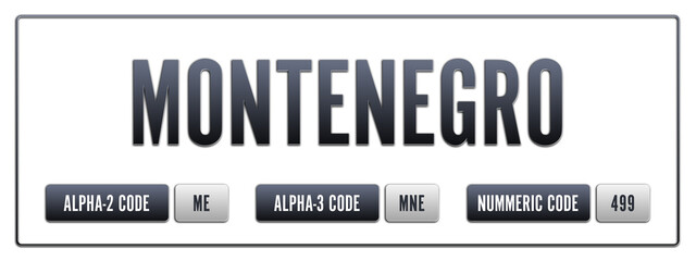 Montenegro. Illustration with ISO 3166-1 Country Code.  ISO Alpha-2, Alpha-3 and Numeric code. Two three letters and numbers.