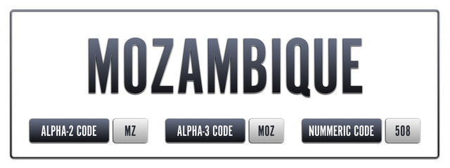 Mozambique. Illustration with ISO 3166-1 Country Code.  ISO Alpha-2, Alpha-3 and Numeric code. Two three letters and numbers.