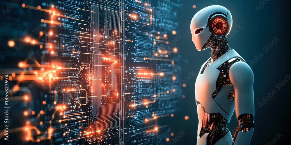 Poster futuristic humanoid robot interacting with illuminated circuit board interface in advanced high-tech
