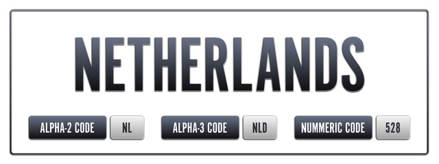 Netherlands. Illustration with ISO 3166-1 Country Code.  ISO Alpha-2, Alpha-3 and Numeric code. Two three letters and numbers.
