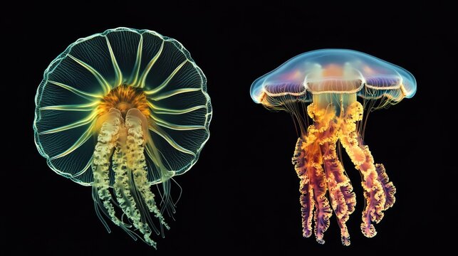 Illustration of Cnidaria: Polyp and Medusa Forms showcasing Anatomy, Body Parts, and Vibrant Colours of Jellyfish