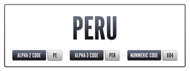 Peru. Illustration with ISO 3166-1 Country Code.  ISO Alpha-2, Alpha-3 and Numeric code. Two three letters and numbers.