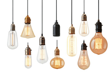 Assortment of Hanging Vintage Edison Light Bulbs on Transparent Background, PNG