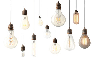 Assortment of Vintage Edison Bulbs Hanging on Transparent Background, PNG