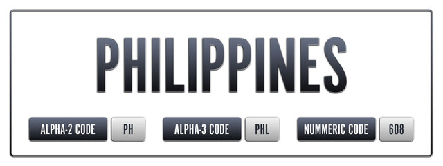 Philippines. Illustration with ISO 3166-1 Country Code.  ISO Alpha-2, Alpha-3 and Numeric code. Two three letters and numbers.