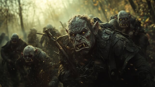 A squad of evil, dangerous, deadly goblin warriors creeping cautiously through the forest. Dark fantasy character. In green theme.