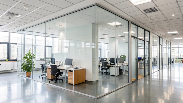 Modern office interior with glass partition walls and desks