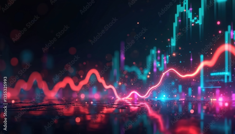 Aufkleber abstract digital artwork of fluctuating neon charts and graphs with bright colors against black back