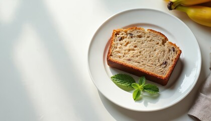 Freshly baked banana bread slice on white plate, minimalist kitchen setting. Mint sprig decorates side of slice, natural light. Healthy food, cozy home bakery concept.