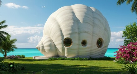 Seashell Shaped House on Tropical Beach with Turquoise Ocean View