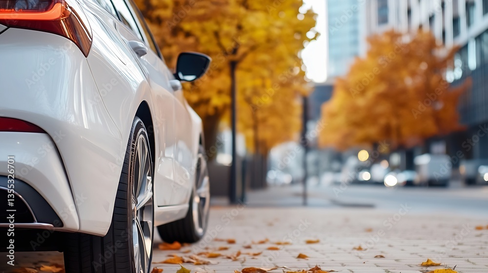 Poster elegant white car parked beside autumn trees in an urban setting with colorful foliage all around : 