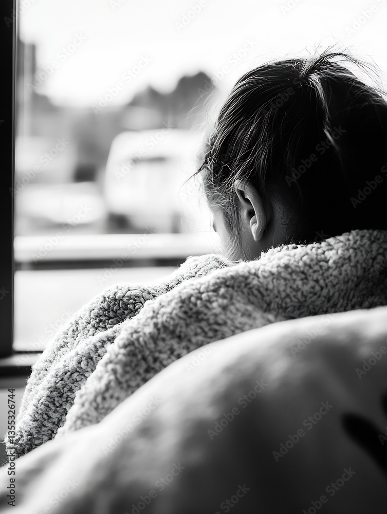 Poster Back view of a young woman cuddled in a soft textured blanket while gazing out the window with reflective thoughts : Generative AI