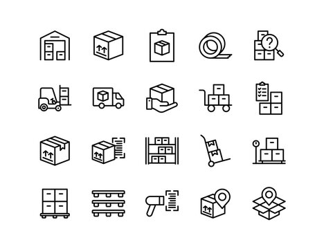 Warehouse Inventory Vector Icon Set | Adjustable Line Weight | Storage, logistics, delivery, packaging, barcode, forklift, shipping, pallet, stock, tracking, management, cargo, supply chain icons