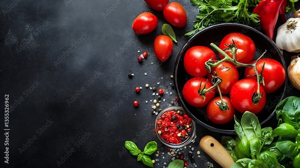 Poster Freshly picked red tomatoes and herbs arranged on a rustic kitchen table : Generative AI