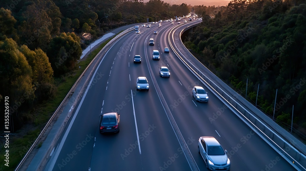 Poster Aerial view of busy highway with cars moving in the twilight creating an urban transportation scene : Generative AI